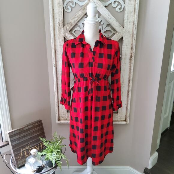 Times Two Maternity 3/4 Sleeve Collard V-Neck Elastic Waist Dress Buffalo Plaid - Picture 2 of 9